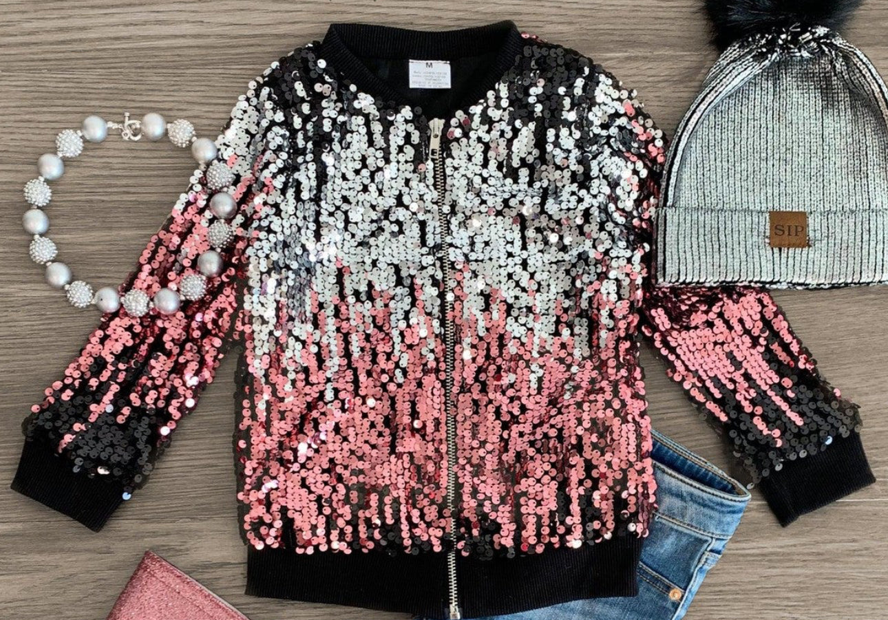 Black & Pink Sequin Bomber Jacket