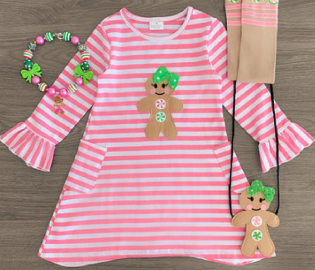 pink gingerbread dress girl gingerbread Christmas dress,girl Holiday dress, baby girl Christmas dress, pink Christmas girl dress, gingerbread toddler dress,