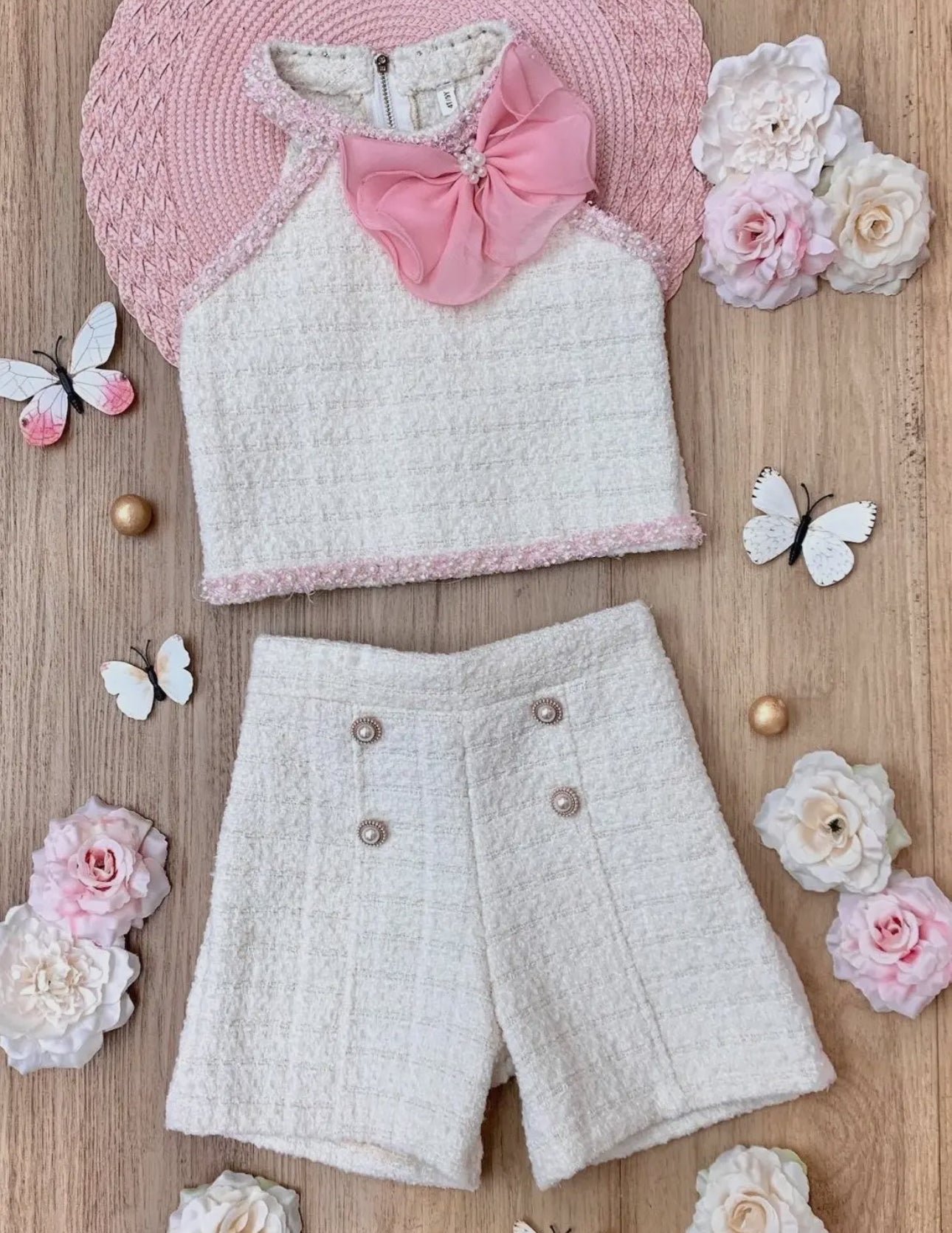 White & Pink Tweed Halter Couture -2pc