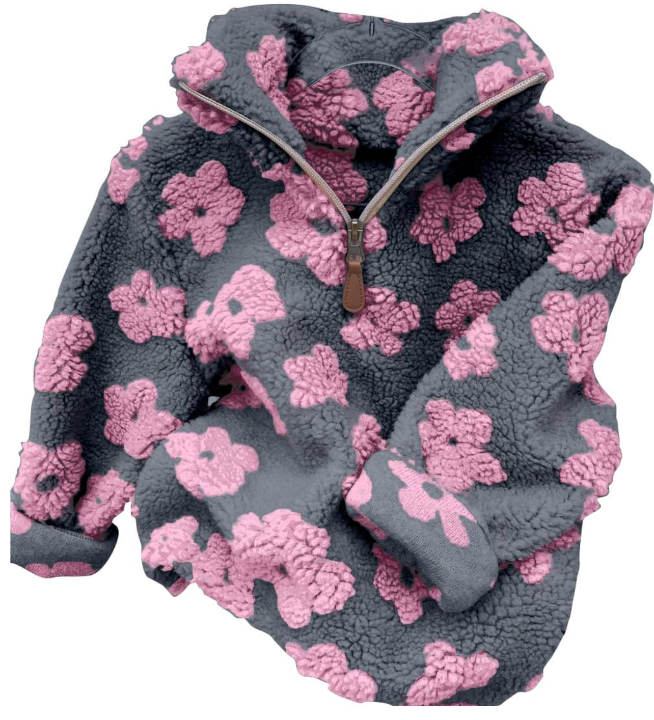 Flower Sherpa Pullovers- Pink/Grey