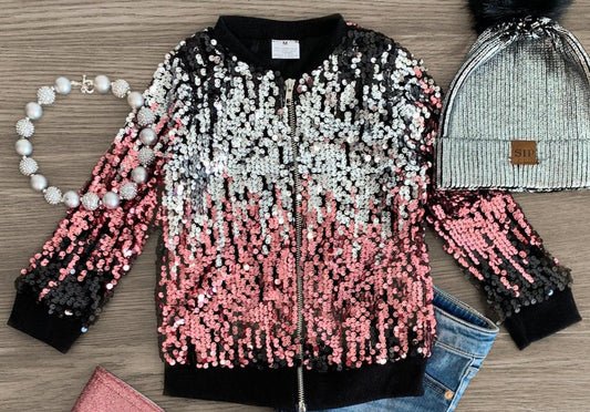 Black & Pink Sequin Bomber Jacket