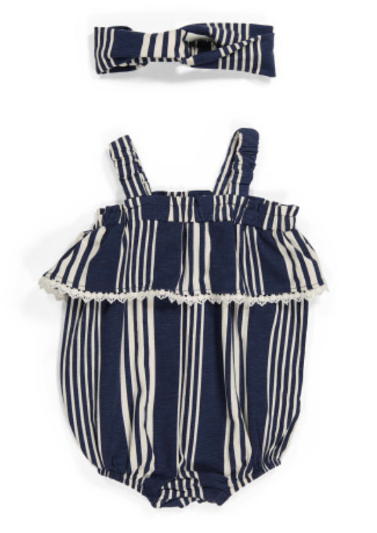 Navy Striped Ruffle Romper w/ Headband