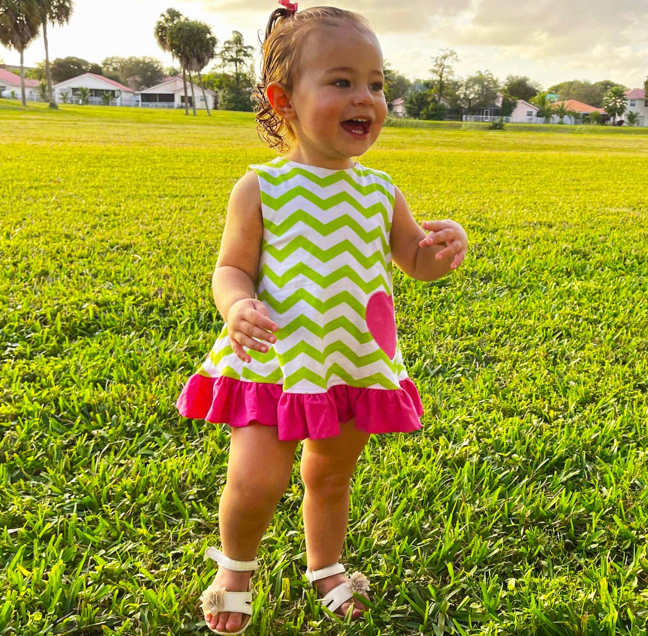 Pink Heart Chevron Swing top & Ruffled bloomers set