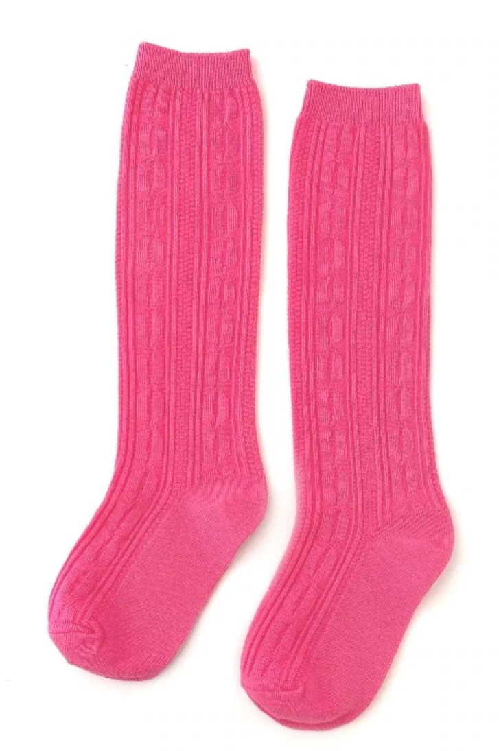 Girls Cable Knit Knee Highs- Bright Pink