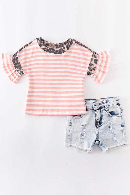 Coral Leopard Denim Set