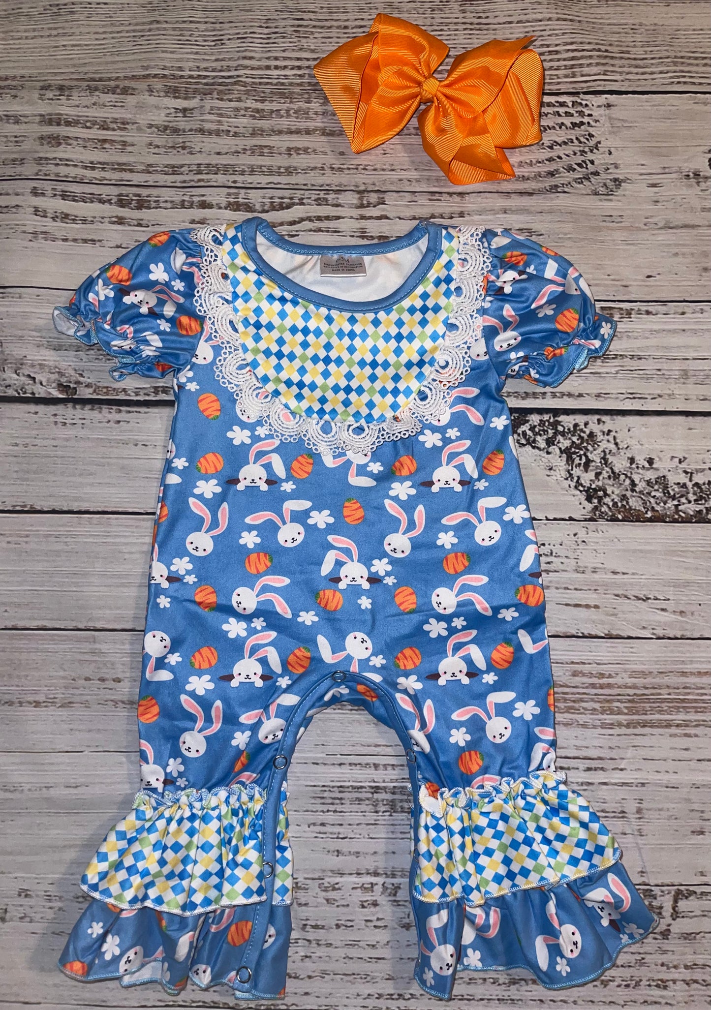 Easter Bunny & Carrot Print Ruffler Romper