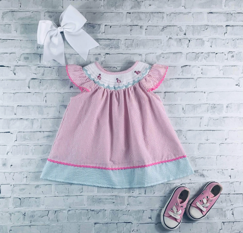 Pink & Aqua Smocked Flamingo Dress