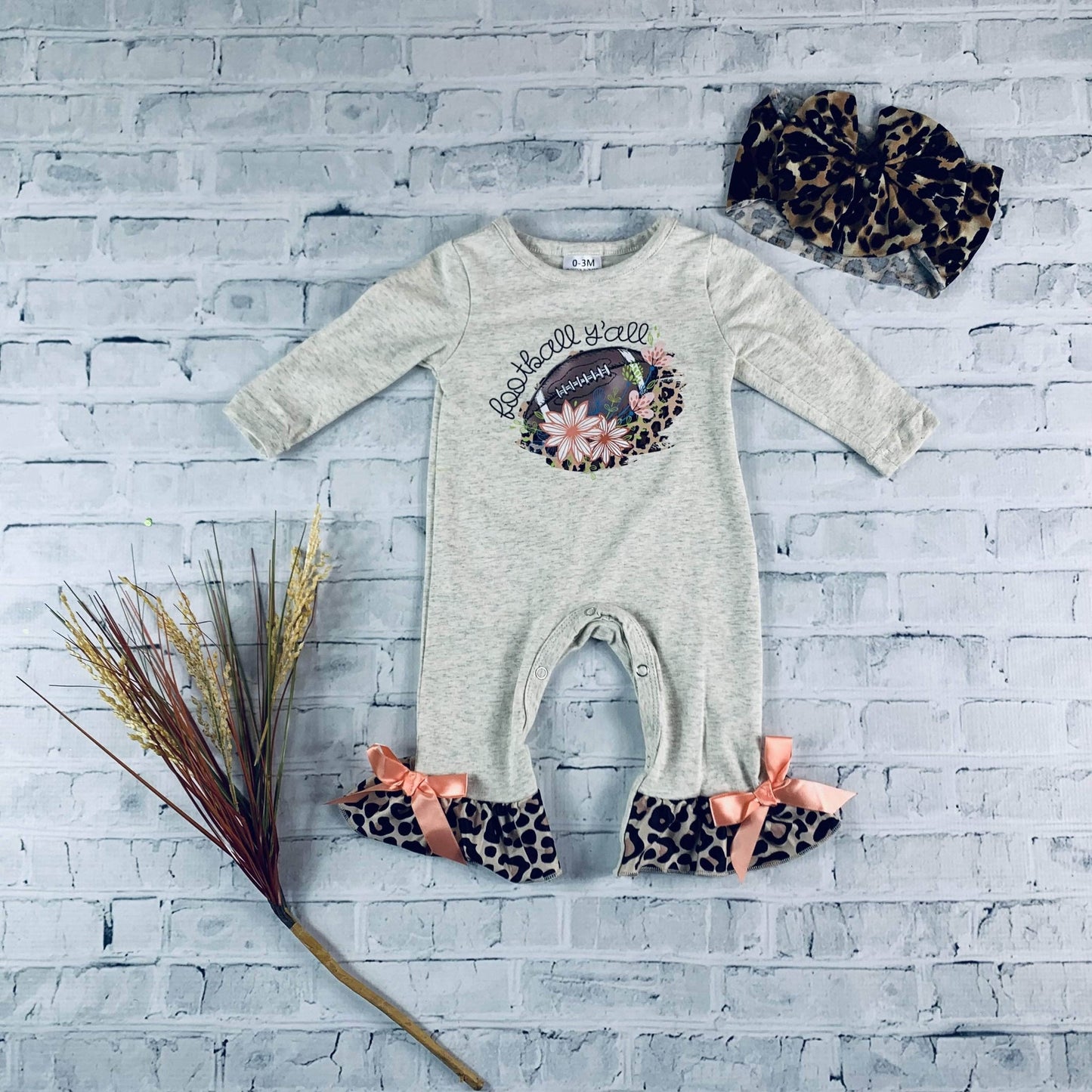 Football Y'all Peach & Leopard Ruffle Romper