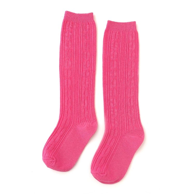 Cable Knit Knee High Socks - Hot Pink