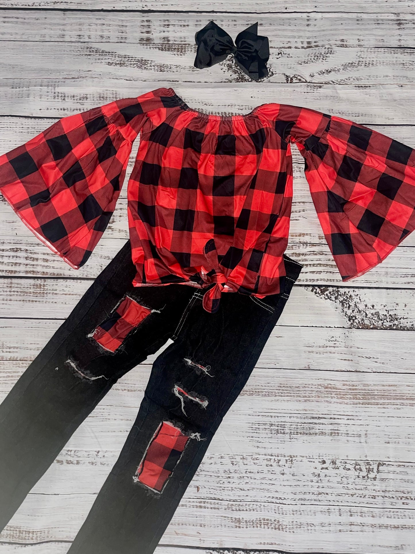 Red Plaid Patched denim 2pc Outfit