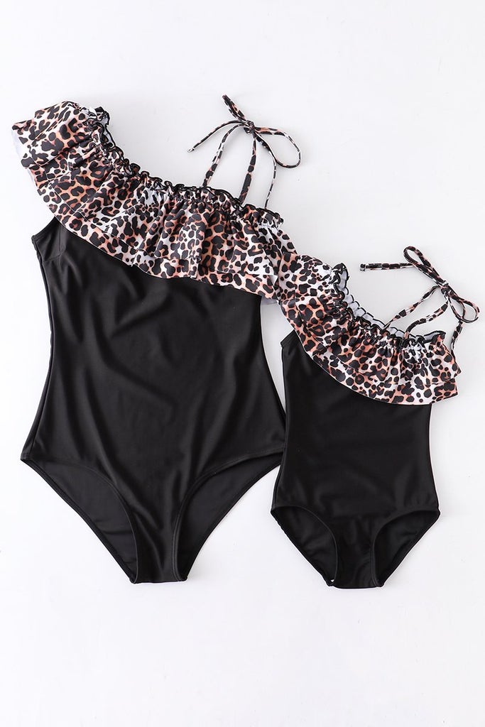 Black & Leopard One Shoulder Swimsuit