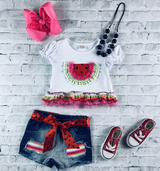 Sweet Watermelon Denim Shorts Set