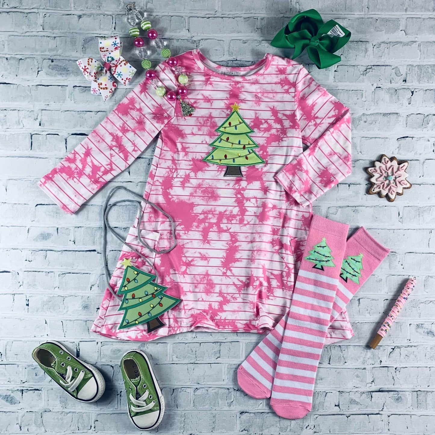 Pink Christmas Tree Dress Set